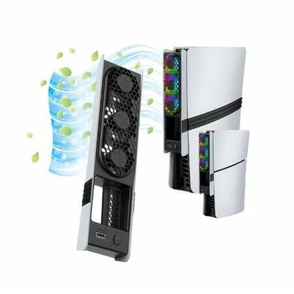 PS5 Slim PS5 Pro Cooling Fan Disc Digital Ultra-Quiet Adjustable 3 Speed Fan with USB 3.0 Port Dynamic RGB Lighting(Black)