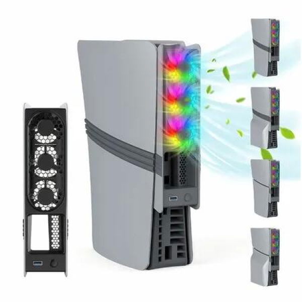 PS5 Slim PS5 Pro Cooling Fan Disc Digital Ultra-Quiet Adjustable 3 Speed Fan with USB 3.0 Port Dynamic RGB Lighting(Gray)