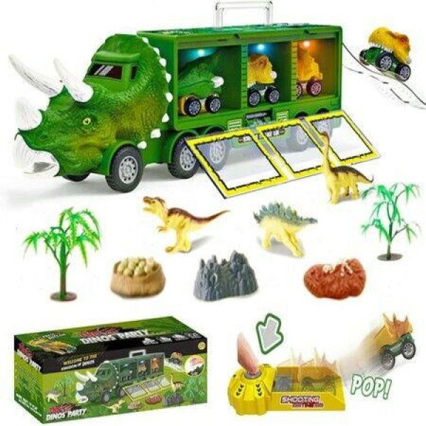 Pull Back Dinosaur Transport Truck Toy with Sound and Music Interactive Light Toy Cars for Boys and Girls Aged 4 to 7