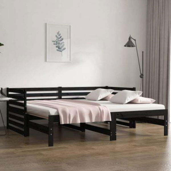 Pull-out Daybed Black 2x (92x187) Cm Solid Wood Pine