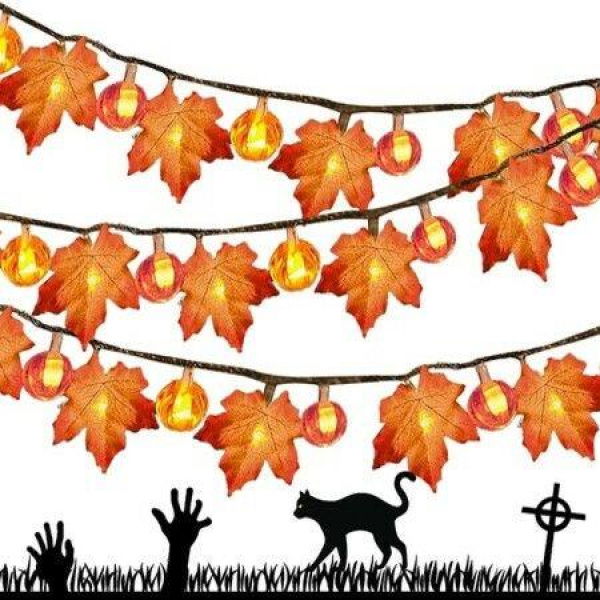 Pumpkin Maple Leaf String Lights 4.5M LED Pumpkin Lantern Decor For Halloween Thanksgiving Fall Decoration.