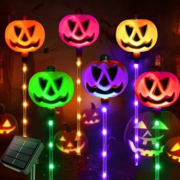 PUMPKIN Solar Light Garden Lights 6 in 1 Halloween String Solar Halloween Decorative LED Outdoor Waterproof Ghost Stake Lights for Pathway Yard Garden Decoration