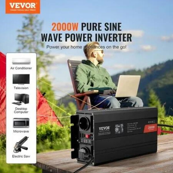 Pure Sine Wave Inverter 2000 Watt Power Inverter with 2 AC Outlets 2 USB Port 1 Type-C Port LCD Display and Remote Controller