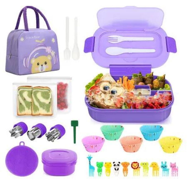 Purple 27 Piece Lunch Box with Sauce Container Utensils Food Picks Muffin Cups Insulated Bag for School