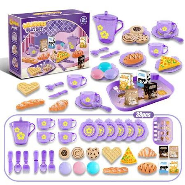 Purple 33 PCS Play House Kitchen Tableware Tea Set Toy Storage Box Afternoon Tea Dessert