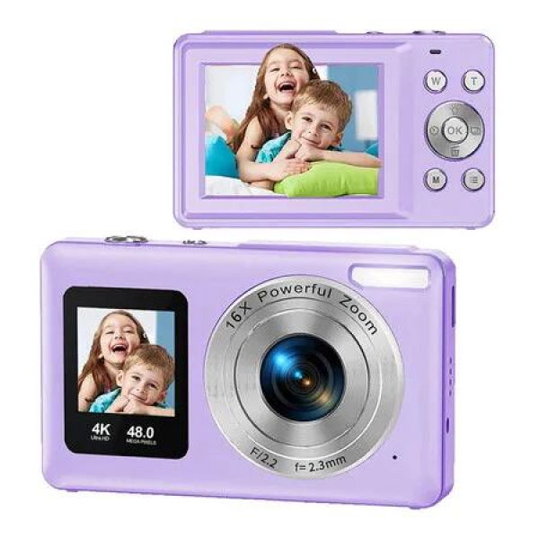 Purple 4K HD Digital Camera Portable Dual Screen Travel Photography Kids & Girls Gift Student Camera (32G Memory Card Included)