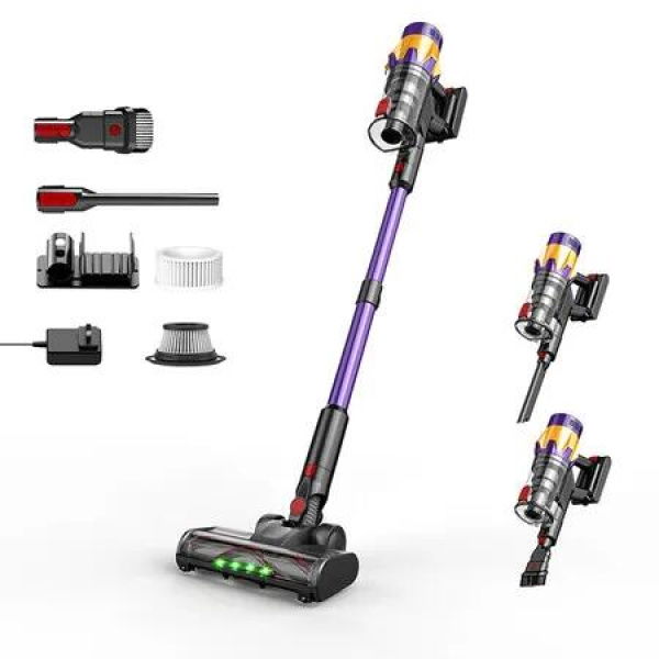 Purple Cordless Vacuum Cleaner, 550W 35Kpa Vacuum Cleaners for Home, Stick Vacuum Cordless with Low Noise, LED Screen, Wall Mount Charging, Rechargeable