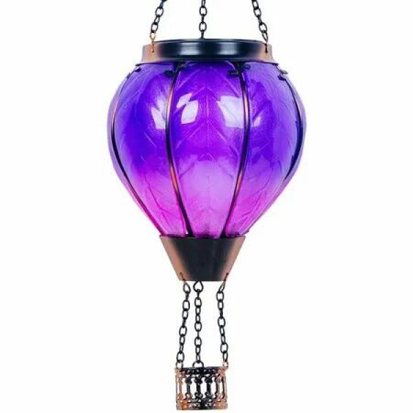 Purple Hot Air Balloon Solar Lantern with Flickering Flame Light Glass Solar Powered Hot Air Balloon Lamp Waterproof Hanging Hot Air Balloon Led Lights