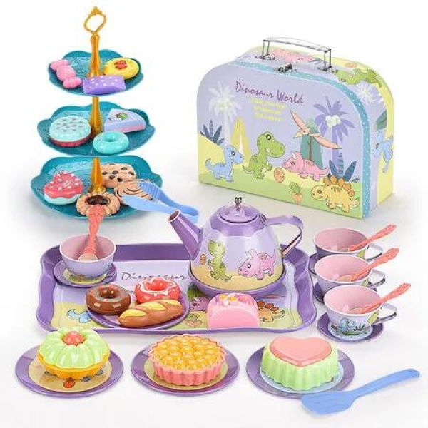 Purple Theme Tea Party Set Princess Tea Time Toys with Dessert and Carrying Case Pretend Play for Kids Gift