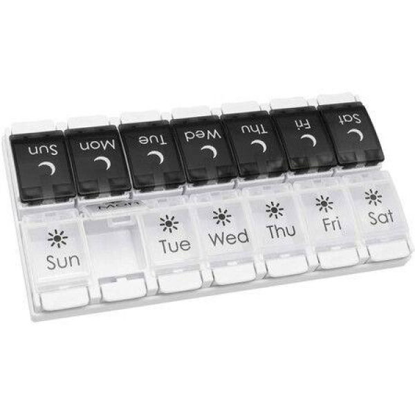 Push Button 7Day Pill Medicine Vitamin Organizer Box Weekly Am Pm And Lids Black And White Am Pm 1 Count