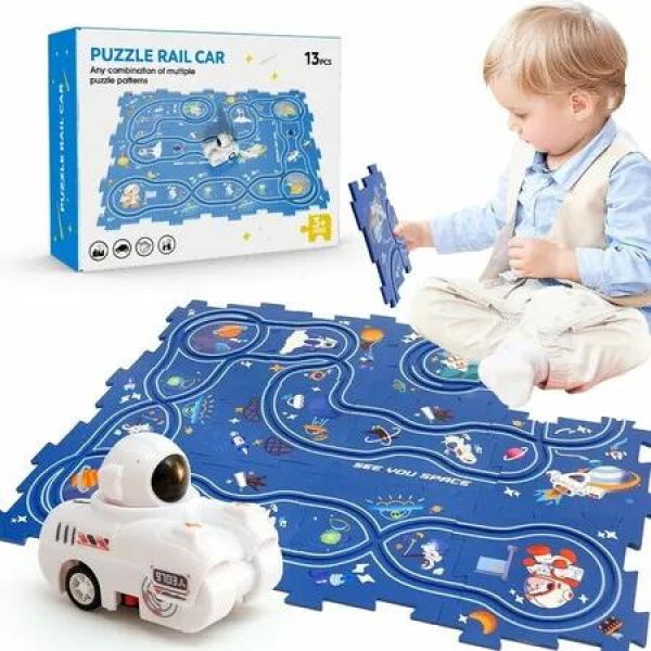 Puzzle Track Race Car Playset ,DIY Assemble Puzzle Mat Rail Train Educational Preschool Toys for Kids 3+