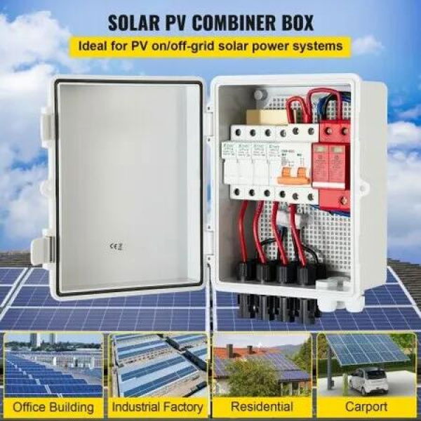 PV Combiner Box 4 String with 15A Rated Current Fuse 63A Circuit Breaker Lightning Arreste Connector for On/Off Grid Solar Panel System IP65