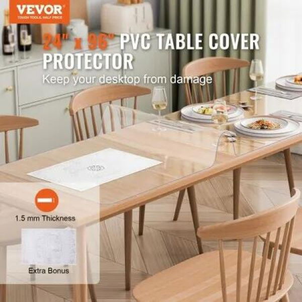 PVC Table Protector 24x96 Inch Clear Plastic Desk Protector 1.5mm Thick