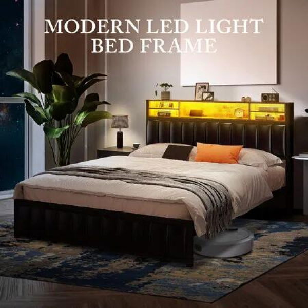 Queen Size Bed Frame Mattress Base Bedroom Furniture Upholstered Foundation Platform PU Wooden Metal with RGB Storage