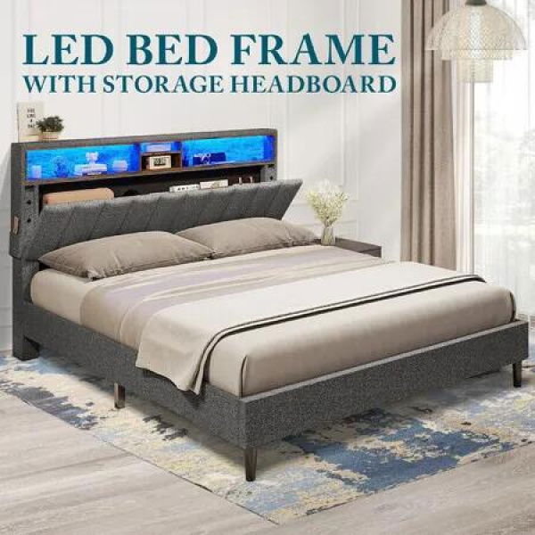 Queen Size Bed Frame Mattress Base Upholstered Bedroom Furniture Platform Foundation Adjustable Wooden Fabric with Storage LED