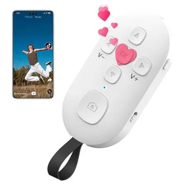 R1 TikTok Scrolling Remote Control, YouTube Shorts Fingertip Clicker, Page Turner for eBook, Camera Shutter Controller for Photo and Video, White