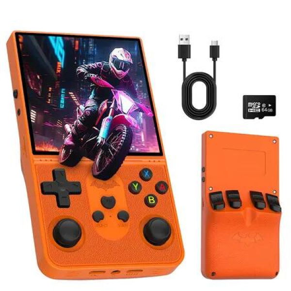 R36 PROMAX Retro Handheld Game Console, 4.0 Inch Full Lamination IPS Screen Retro Gaming Console, Built-in 64GB Memory Retro Game Console, Yellow