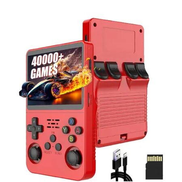 R36S Retro Handheld Game Console 128G, 40000+ Games, 21 Emulator, Retro Console 3.5 inch IPS Screen, Open Source Linux System, Gift for Men, Red