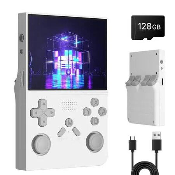 R40 Retro Handheld Game Console, 128GB with 25K+ Games, 3.5 Inch IPS Screen, 3000mAh Battery, Mini HDMI, Portable Arcade Video Gaming Console, White
