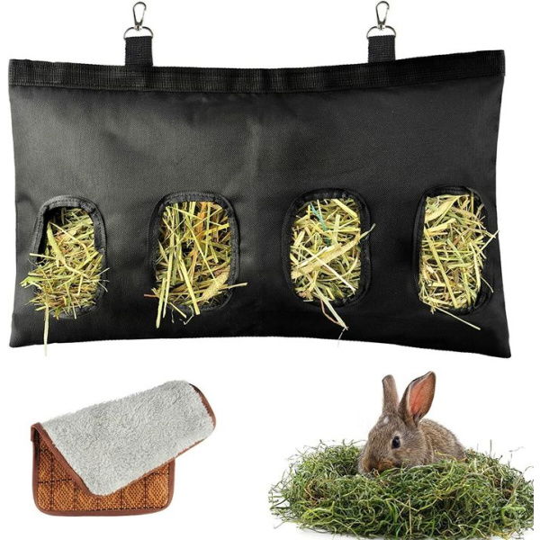 Rabbit Hay Feeding Bag 4-Hole Design Guinea Pig Hay Feeding Bag (Black)