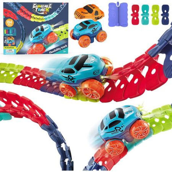 Race Car Track For Kids With Bendable Track Gravity-Free Creative Toy With 184 Pieces Toys For Kids With Light1 Car 2 Shells