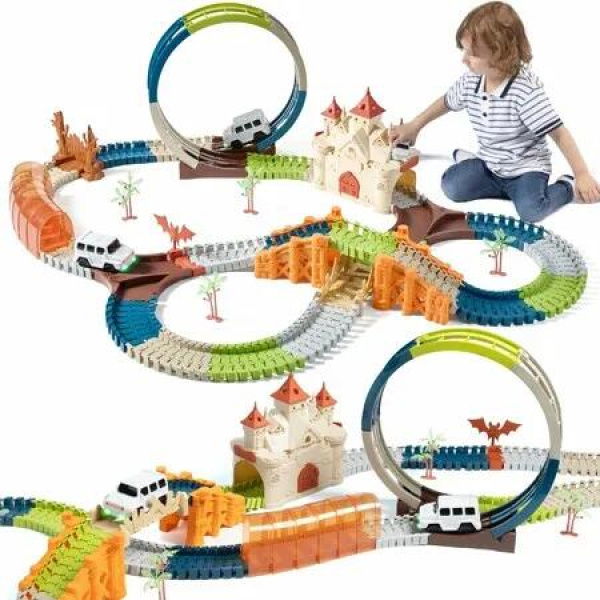 Race Track 202 Pcs Magic Castle Car Toys 360 Degree Rotating Flexible Train with Cars Kids Gift