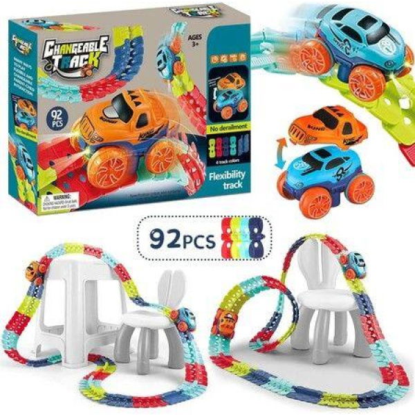 Race Tracks LED Electric Anti-Gravity Race Car Toy 92pcs Bendable Rainbow Race Track Set STEM Building Toys for 3+Year Old Boys Girls Car Toys