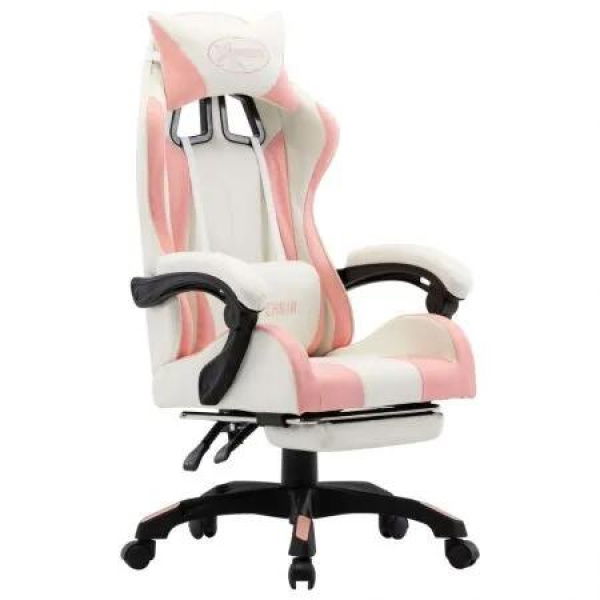 Racing Chair with Footrest Pink and White Faux Leather