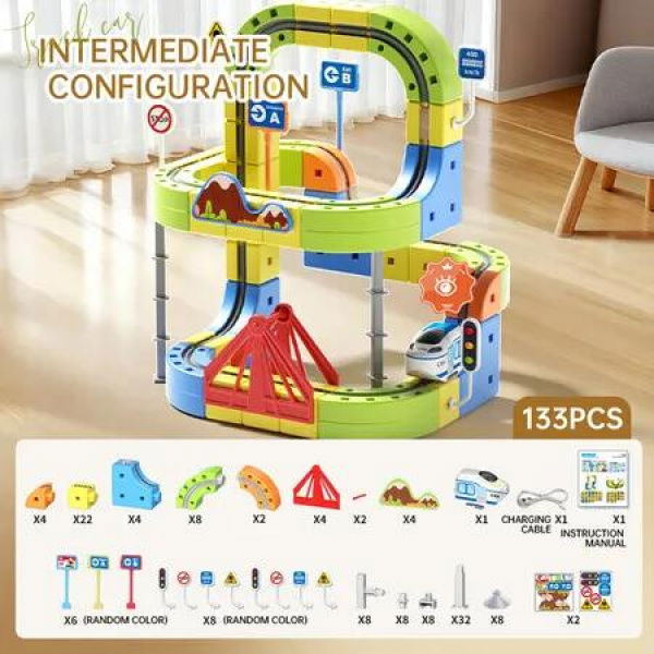 Rail Train Set 3D Embedded Race Track Gravity Defying Motorized Car Rail Cube DIY Montessori Sensory Building Toy 125 Pcs STEM Christmas Birthday Gift
