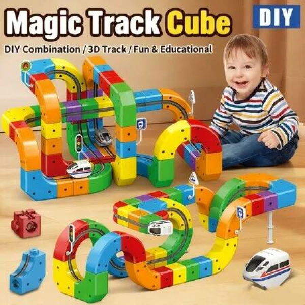 Rail Train Set 3D Embedded Race Track Gravity Defying Motorized Cars Rail Cube DIY Montessori Sensory Building Toy 123 Pcs STEM Christmas Birthday Gift
