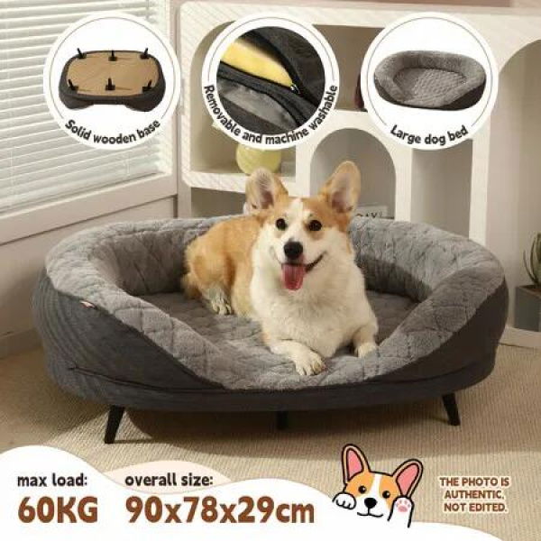Raised Dog Bed Cat Couch Puppy Sofa Doggy Soft Cushioned Lounge Pet Chaise Furniture Crate Fabric Angora 90x78x29cm
