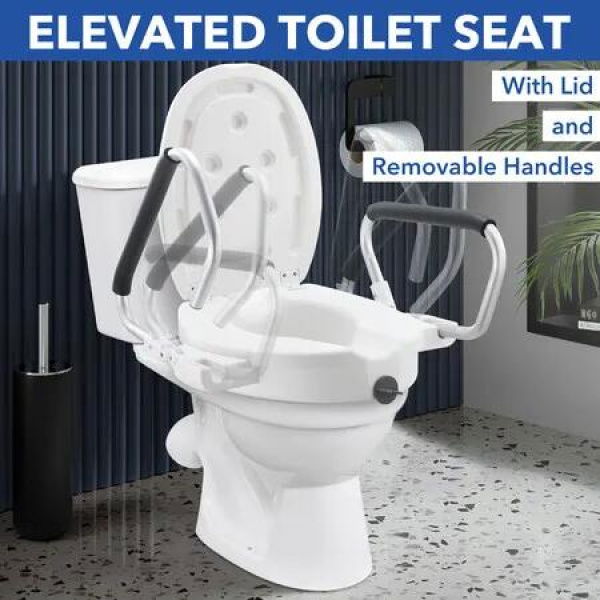 Raised Toilet Seat 5 Inch Elevated Riser Assisted Living Handicap Lid Safety Arms Fit Most Toilets Aluminium Portable