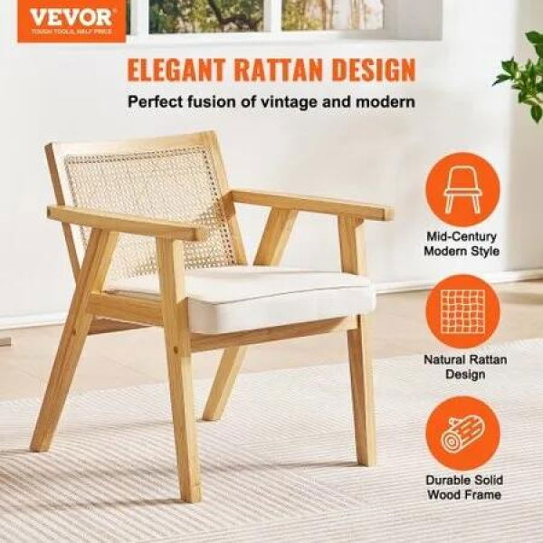 Rattan Chair, Mid Century Modern Dining Chair with Armrest, Upholstered Chair with Rattan Back, Retro Rattan Dining Room Kitchen Chair for Living Room, Bedroom, Reading Room, and Office, Beige