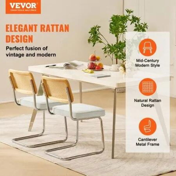 Rattan Chairs, Set of 2, Mid Century Modern Dining Chair, Upholstered Velvet Accent Chair with Rattan Back, Retro Dining Room Kitchen Chair for Living Room, Bedroom, Reading Room, Office, White