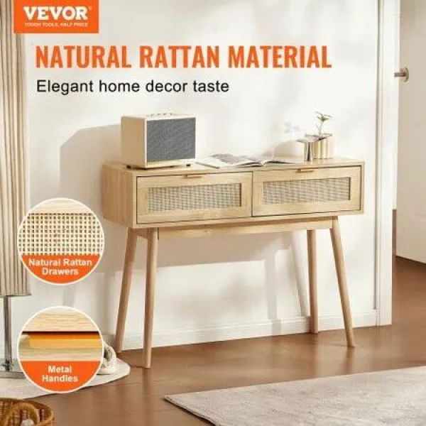 Rattan Console Table with 2 Storage Drawers Rattan Sliding Door Natural