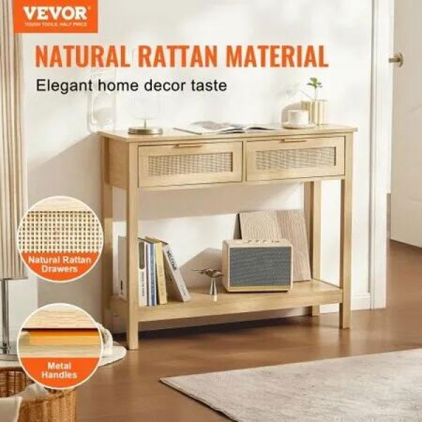 Rattan Console Table with 2 Storage Drawers Rattan Sliding Door Natural