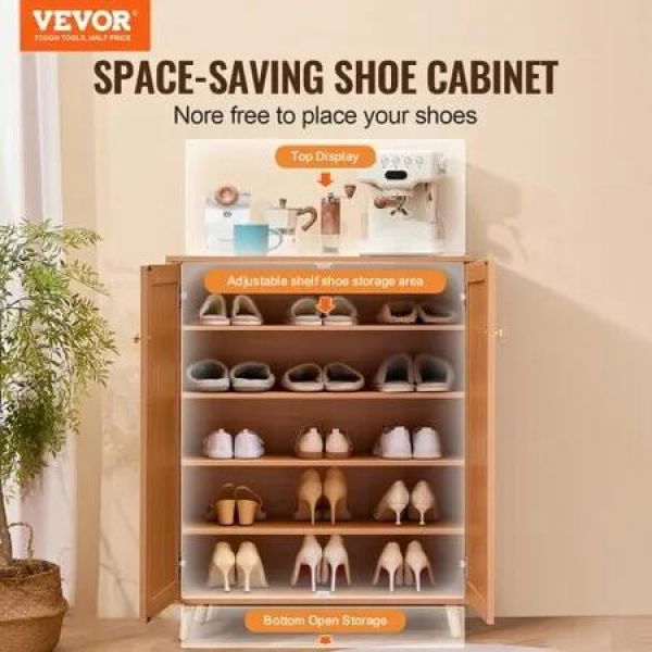 Rattan Shoe Cabinet 5 Tiers Shoe Organizer 2 Doors & Adjustable Shelves