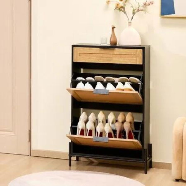 Rattan Shoe Cabinet Shoe Organizer 2 Flip Drawers & 1 Slide Drawer Black