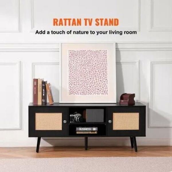 Rattan TV Stand, Boho TV Cabinet for 55 inch TV, Mid Century Modern TV Stand, Rattan TV Console with Adjustable Shelfs for Living Room, Media Room, Black