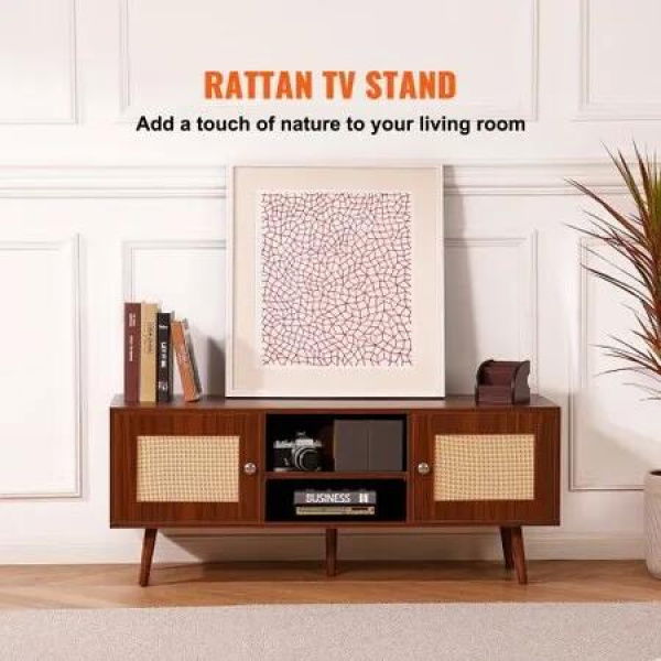 Rattan TV Stand, Boho TV Cabinet for 55 inch TV, Mid Century Modern TV Stand, Rattan TV Console with Adjustable Shelfs for Living Room, Media Room, Walnut