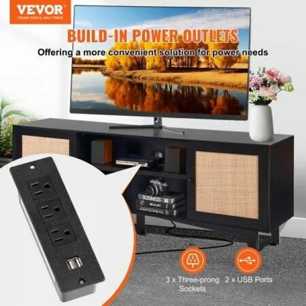 Rattan TV Stand for 75' TV Boho TV Stand with Build-in Socket Black