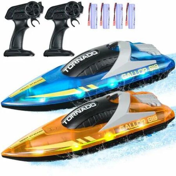 RC Boat for Kids,Remote Control Boat,Racing Boat with LED Light & 4 Rechargeable Batteries,Whole Body Waterproof,Water Play Toy Gift,2Pack