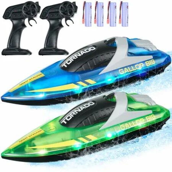 RC Boat for Kids,Remote Control Boat,Racing Boat with LED Light & 4 Rechargeable Batteries,Whole Body Waterproof,Water Play Toy Gift,2Pack