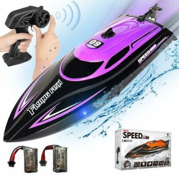 RC Boat with 2 Rechargeable Batteries 20+ MPH Fast Remote-Controlled Boat Ideal for Pools and Lakes Ages 3+ Purple