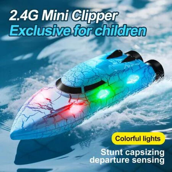 RC Boats 2.4G 4WD Mini Remote Control Boat with Light Speedboat Competitive Indoor Outdoor Watercraft Toys For Boys Girls Christmas Gifts Color Blue