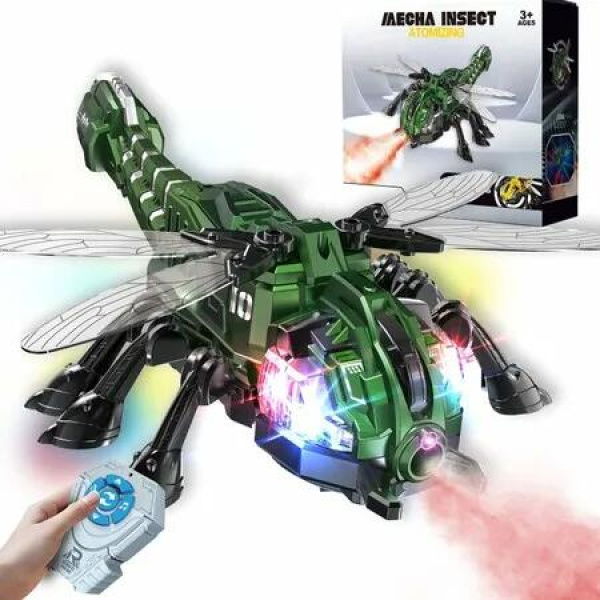 RC Dragonfly Robot Toy with 2.4GHz Remote,Lights,Music Spray Realistic Dragonfly Gift for Kids, Perfect for Holidays,Parties Pranks-Green