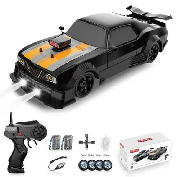 RC Drift Car 1:16 Remote Control 4WD 18KM H Rechargeable Spray Lights Two Batteries Extra Tires Black Racing Toy