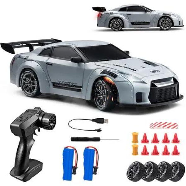 RC Drift Car, 1:24 Scale Remote Control Vehicle with LED Lights, 2.4GHz 20KM/H 4WD High Speed RC Cars for Men Women Boys Girls Age 5 Up, Grey
