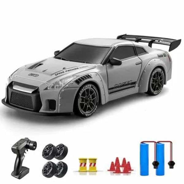 RC Drift Car,1:24 Remote Control Car for Kids,20KM/H 4WD High Speed RC Cars with LED Lights,Two Batteries,Extra Drifting Tires,GTR
