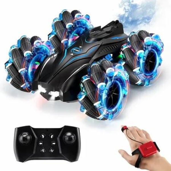 RC Gesture Sensing Stunt Car, 2.4GHz 4WD Remote Control Car with Cool Light, Double Sided Rotating Off Road Vehicle 360 Degree Flips Cars (Blue)